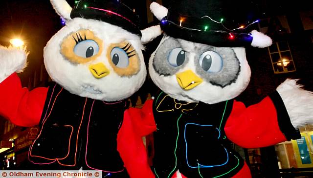 Illuminate Oldham light show parade through Oldham town centre, Pic shows, Oldham town mascots , L/R, Millie and Ollie.
