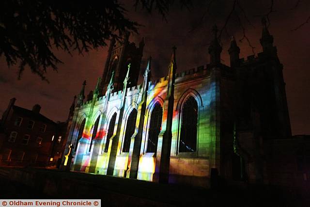 Illuminate Oldham light show in Oldham town centre, Pic shows, Oldham Parish church painted with light.
