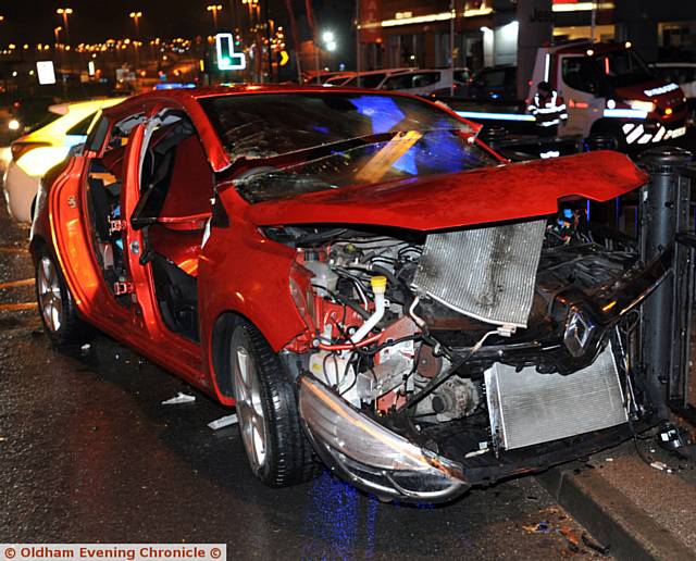 HEAD-ON . . . The badly damaged Renault Clio after a collision at junction of Cross Street and Shaw Road in Oldham 