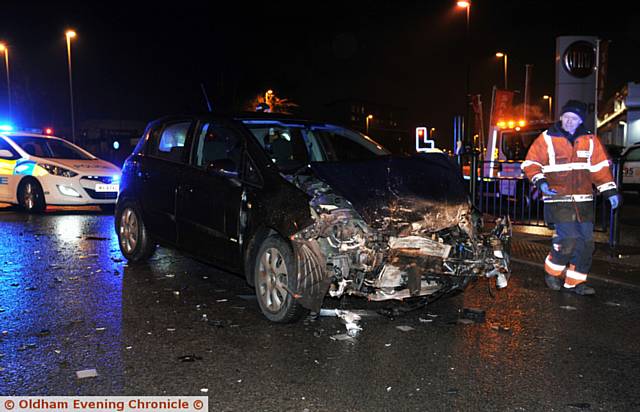 Head on crash at junction of Cross Street and Shaw Road in Oldham. PIC shows Vauxhall Corsa.