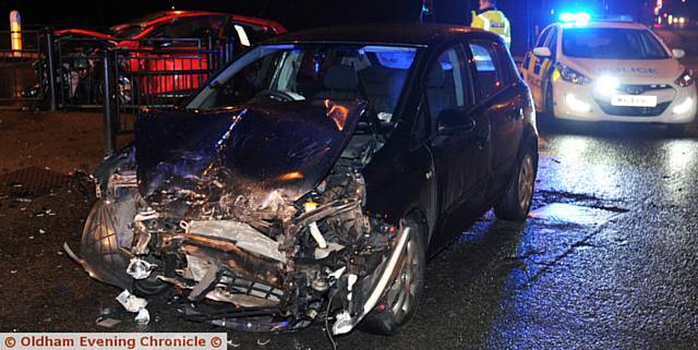 Head on crash at junction of Cross Street and Shaw Road in Oldham. PIC shows Vauxhall Corsa.