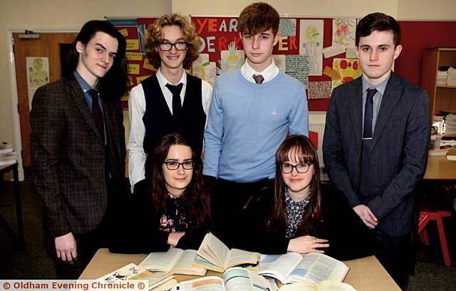 BLUE Coat brainboxes . . . (back, from left) Alasdair Glynn, Benjamin Hartnell-Booth, Paul Lewis and Jack Whitehead. Front: Sally Jackson and Emily Crichton