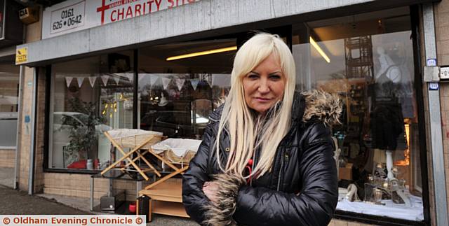 THIRD ATTACK . . . manager Karen Dissington outside the Pennine Pen shop.