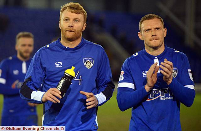 WHAT A RESULT . . . Chris Taylor (left) and Brian Wilson applaud the fans at full-time