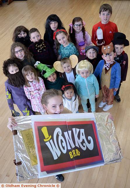 Roald Dahl themed World Book Day at St Joseph's Primary School, Shaw. Pictured (front) is Olivia Holden as a Wonka bar from Charlie and the Chocolate Factory.