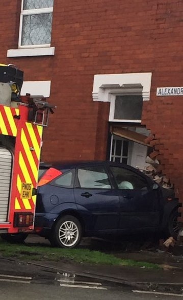 A car crashed into the side of a house in Alexandra Road, Ashton, on Sunday afternoon.