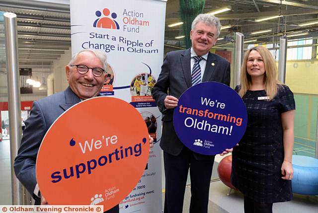 TAKING action . . . (from left) Sir Norman Stoller, Steve Lowe and Clare Taylor (Action Oldham)