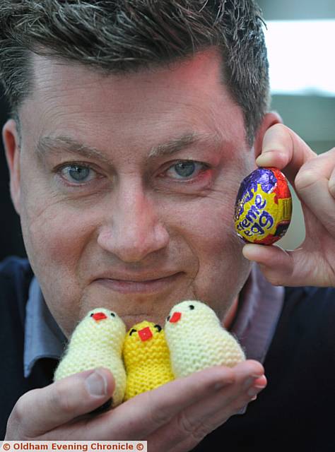 BARBER Patrick Scrivens who is collecting Cadbury Creme Eggs for Francis House Hospice which they put knitted chicks on and sell to raise money