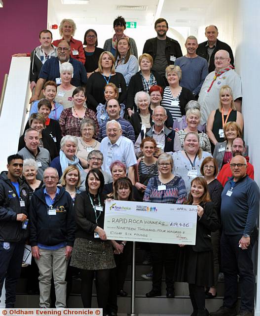 EVERYONE a winner . . . all recipients with, front with cheque from left, Jodie Barber (ROCA fund chair) and Joanne White (FCHO funding assistant)
