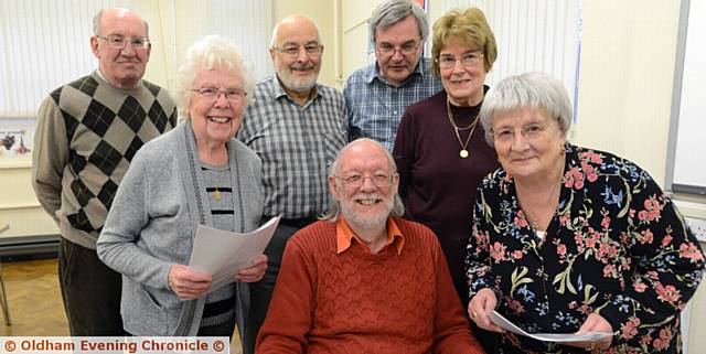 JOHN FIDLER (seated, centre) takes his 600th lesson at the Oldham Local History Community Group