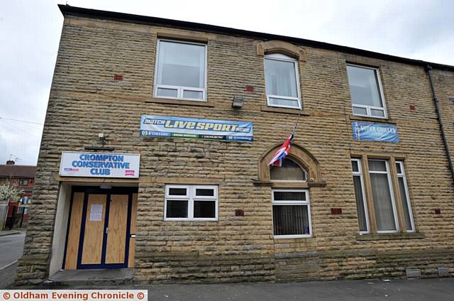 BOARDED up . . . Crompton Conservative Club