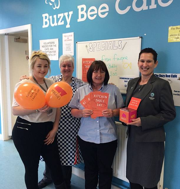 THE launch of Maggie's Oldham Kitchen Table Day. From left, Georgia Taylor (business admin apprentice), Gail Hirst (head volunteer), Julie Shaw (domestic) and Jo Roper