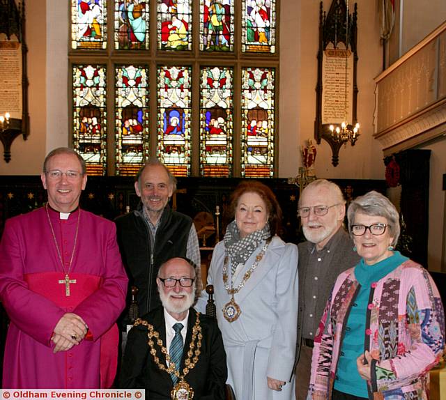 PROJECT launch . . . from left, Mark Davies, Dr Ian Brett, church warden in waiting, seated, mayor of Oldham, Derek Heffernan, Pam Byrne, chairwoman of Saddleworth parish council, Tim Edge and Alison Coates, both church wardens