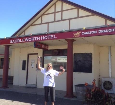 Saddleworth parish councillor Lesley Brown pictured with a Dobcross band club beer man at Saddleworth, south west Australia.