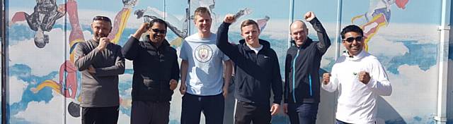 DARING thrillseekers who took part in a skydive, from left, Andy Hall, Abdul Nasir, Craig Clayton, Zack Grimes, Carl Birchall and Mahi Masum