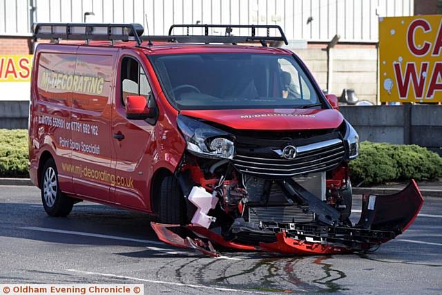 Crash on Higginshaw Lane / Woodstock Business park. The van was the only vehicle present.