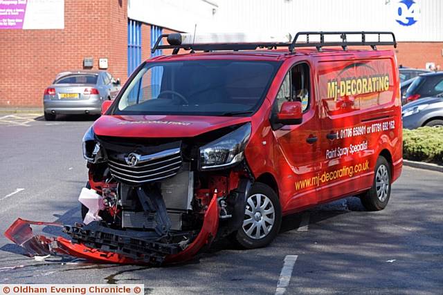 Crash on Higginshaw Lane / Woodstock Business park. The van was the only vehicle present.