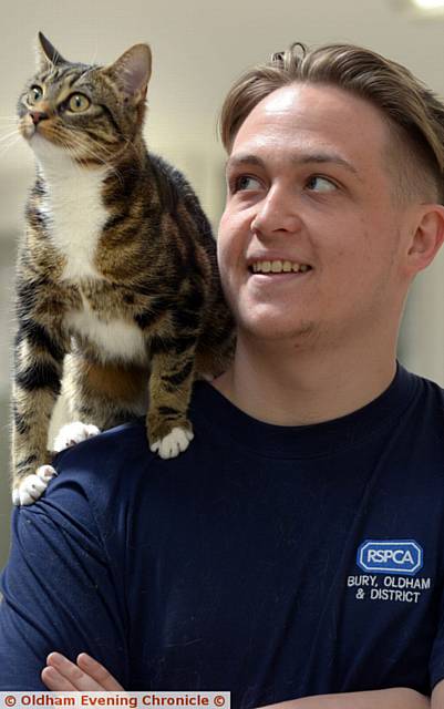 FIRST . . . Nova the first cat to arrive at the centre with animal care assistant Kane Mills