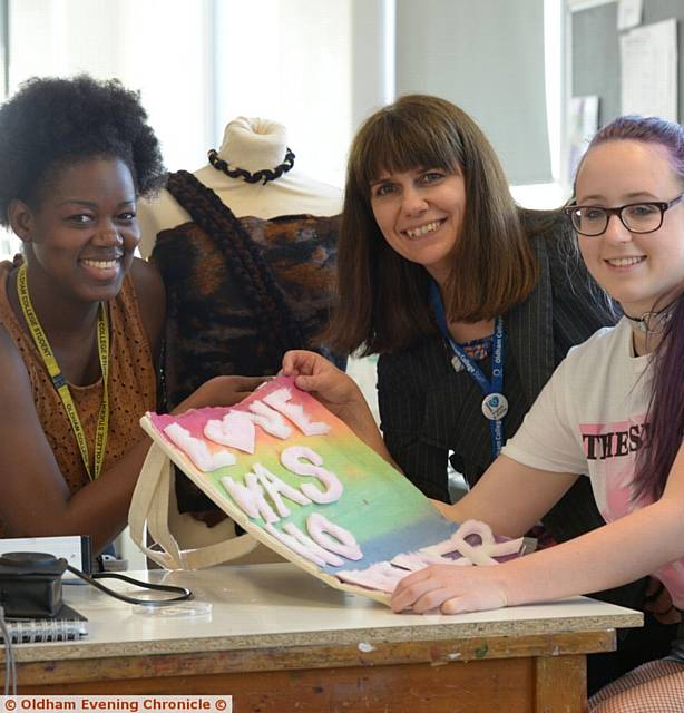 FROM the left: Oldham College student Hemercia Quintas (19), Jo Manship Head of Faculty Digital and Creative and exchange student Paula Zuiderduin (17)