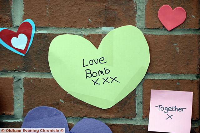 Young people from Manchester 'love bomb' the Jamia Qasmia Zahida Islamic Centre after last week's revenge arson attack, following the bombing at the Manchester Arena. The group put hearts with messages all over the walls.
