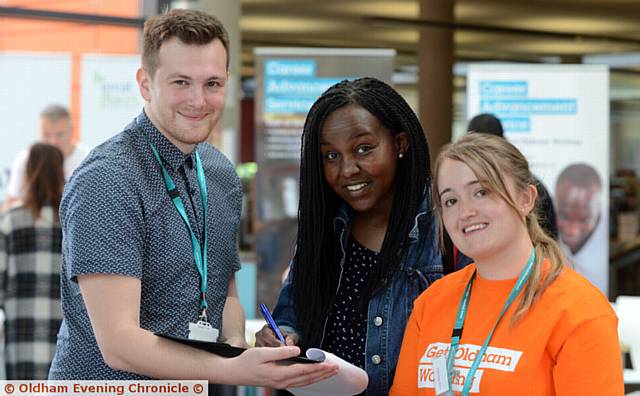 FAIR . . . At the GOW stand are (from left) Zak Robinson, Linda Wachaga and Abbie Shiels

