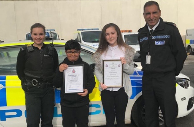 Pictured (left to right) are: PC Neighbourhood Officer Amy Beckett, Ibrahim, Sophie and Supt Umer Khan 