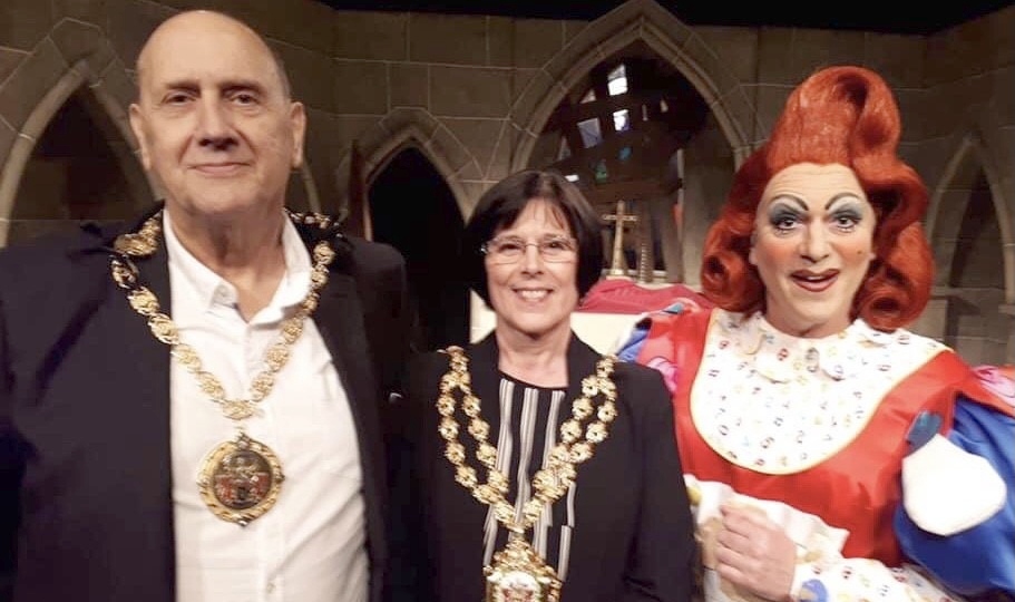 Robert Styles Nurse Nanny Nightingale in Sleeping Beauty December 2019 is pictured with the mayor Ginny Alexander  and her consort husband, Adrian.   The photo was taken at the new season launch event in June 2019.