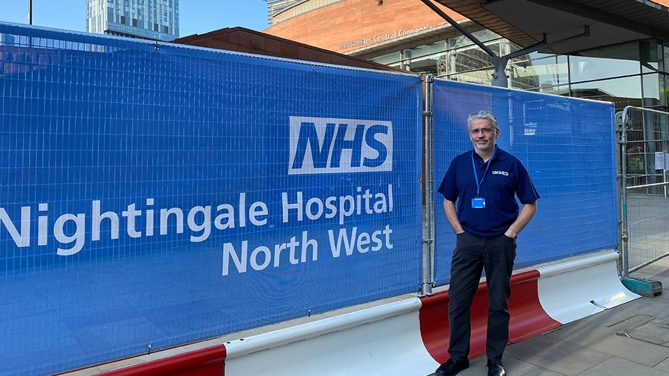 David Anderson pictured outside NHS Nightingale Hospital North West