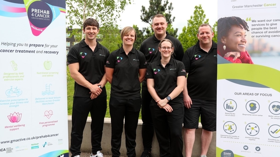 Some of the GM Active Prehab4Cancer exercise specialists. From left, Jack Murphy, Kirsty Rowlinson-Groves, Nathan Valentine (admin), Sarah-Jayne Hurst and Rob Mentha. (Pictured before the pandemic)