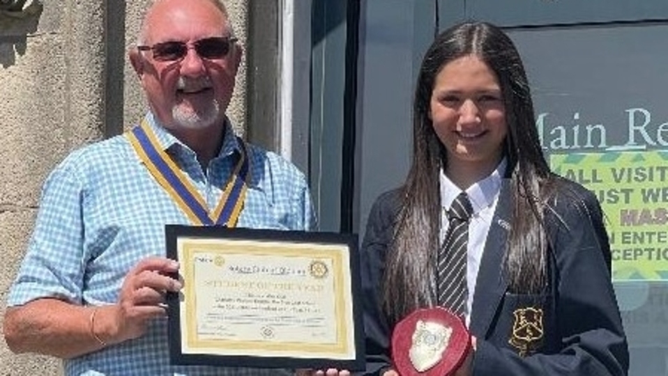 President of Rotary, Bernard Stone with 11 - 16 yr old winner Charlotte Walton Thorpe, Blue Coat School. 