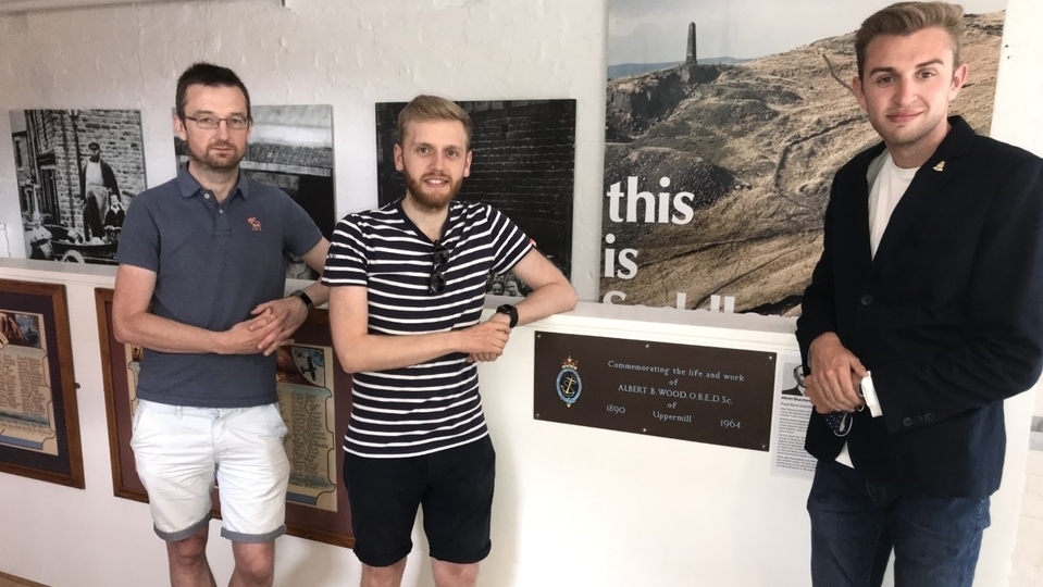 Pictured (left to right) are: Historian Roy Crozier with Councillors Luke Lancaster and Max Woodvine, plus the plaque to A B Wood, after its presentation at Saddleworth Museum