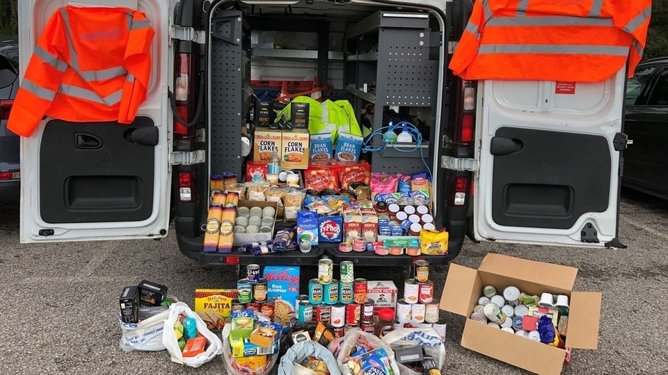 An Openreach van full of collected food items