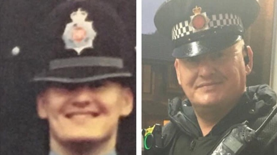 Now and then... PC Lee Cullen, pictured (left) at the start of his career, retires today