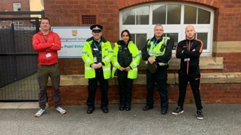 This morning police officers attended Kingsland School in Watersheddings, and with participation from staff, conducted weapon sweeps. Officers also spoke with students to raise awareness. Image courtesy of the GMP Oldham Central Facebook page