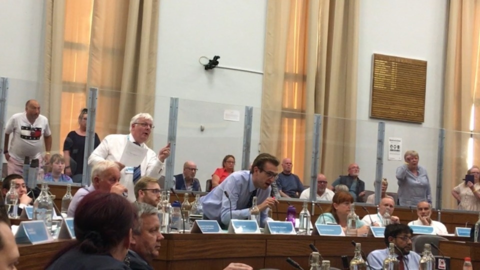 Councillors and angry residents in the public gallery at the Oldham full council meeting on July 13