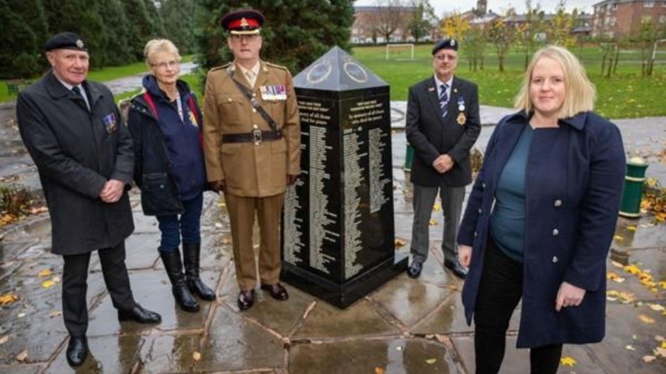 Pictured (left to right) are: Carl Holly, Maria Hanley, Major Eddy Hardaker, Brian Douglas and Oldham Council Leader, Councillor Amanda Chadderton