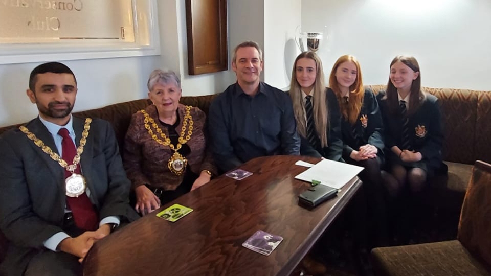 Oldham's Mayor Cllr Jenny Harrison, along with consort, Councillor Shaid Mushtaq, business owner Barry Sherry and some of th attendees at the open day