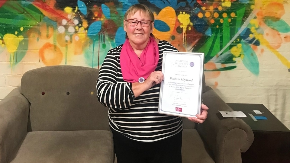 Emmaus Mossley volunteer Barbara Heywood with her RVS Platinum Champions Award