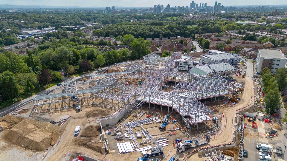 A drone image of the construction site at the £105.9 million health unit development at North Manchester General Hospital