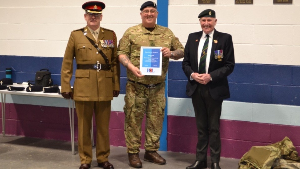 Present at the ceremony at the Hillside Avenue HQ were RBL Chairman, Sgt Major Brian Douglas (Ret), and their President, Major Eddy Hardaker, of 75 Engineer Regt, as they presented an Agreement of Affiliation certificate to the Royton Detachment Commander, Staff Sgt Instructor Paul Clarke