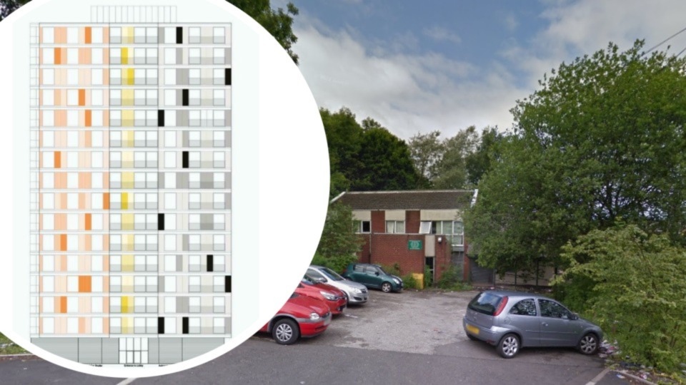 The site in Westwood, and inset, the proposed tower block. Images courtesy of Westwood Apartments Ltd/Google Maps