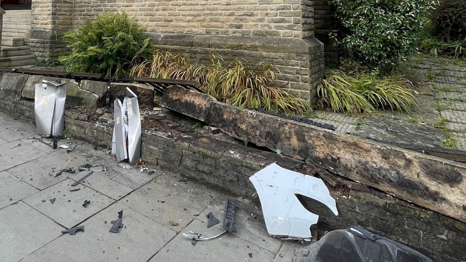 The scene outside the United Reformed Church building following the crash