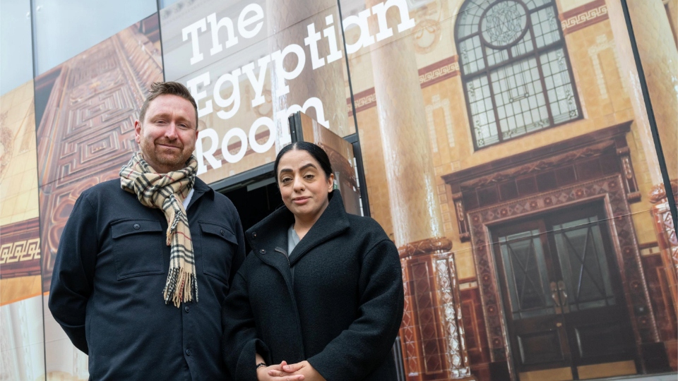 Oldham council leader Arooj Shah and Joe Foster, Managing Director of Northern Lights Group, pictured outside the Egyptian Room