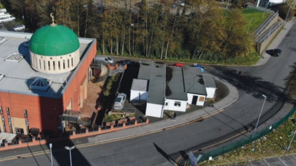 An aerial view of the Coldhurst Central Mosque, showing the prefab buildings and new mortuary. Taken from planning documents