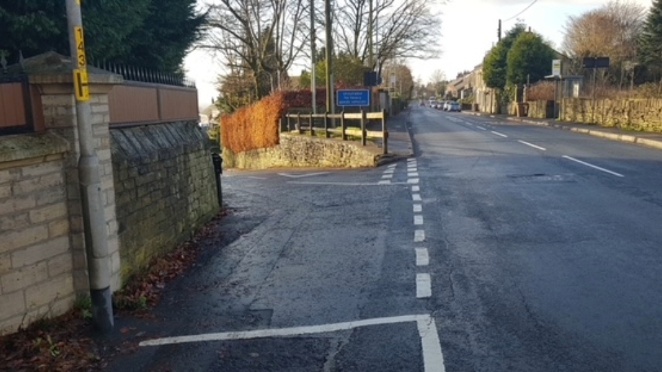 The problem junction, with Lower Turf Lane on the immediate left with the A62 Huddersfield Road towards Oldham straight ahead. Image courtesy of Linda Bennett