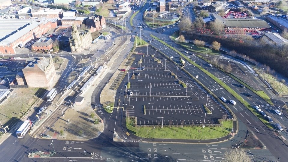 An aerial view of the site in Oldham Mumps to be redeveloped under the 'Princes Gate' masterplan. Image courtesy of OMBC