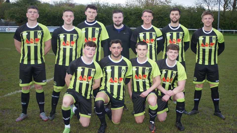 The Moston Brook team are (left to right, back row): Charlie Fuller, Jack Ward, Greg Street, Reece Reynolds, Luke Mason (captain), Mike Shenton, Ben Hulme. Front: Lewis McGill, Mike Woolfe, Jack Bostock, Max Davidson