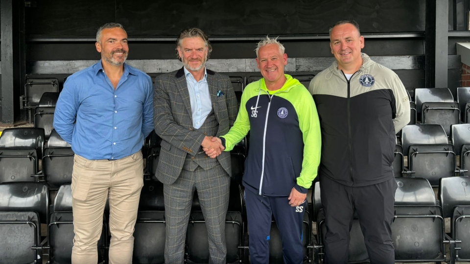 Pictured are (left to right): David Fish (Mossley FC first team manager), Stephen Porter (Mossley FC chairman), Steve Southern (Uppermill FC chairman) and Mark Howard (Uppermill FC manager)