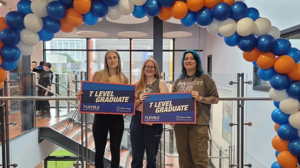 Pictured (left to right) are friends and T Level Health students Sophie Cockroft, Joanna Bardsley and Lucy Buckland celebrating after opening their results on campus