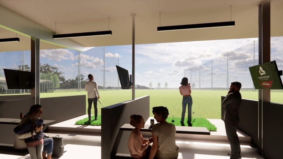 A CGI view from the golf bays at planned new golf facility at Bowlee Park Driving Range. Image courtesy of Improve My Golf Ltd/RALA